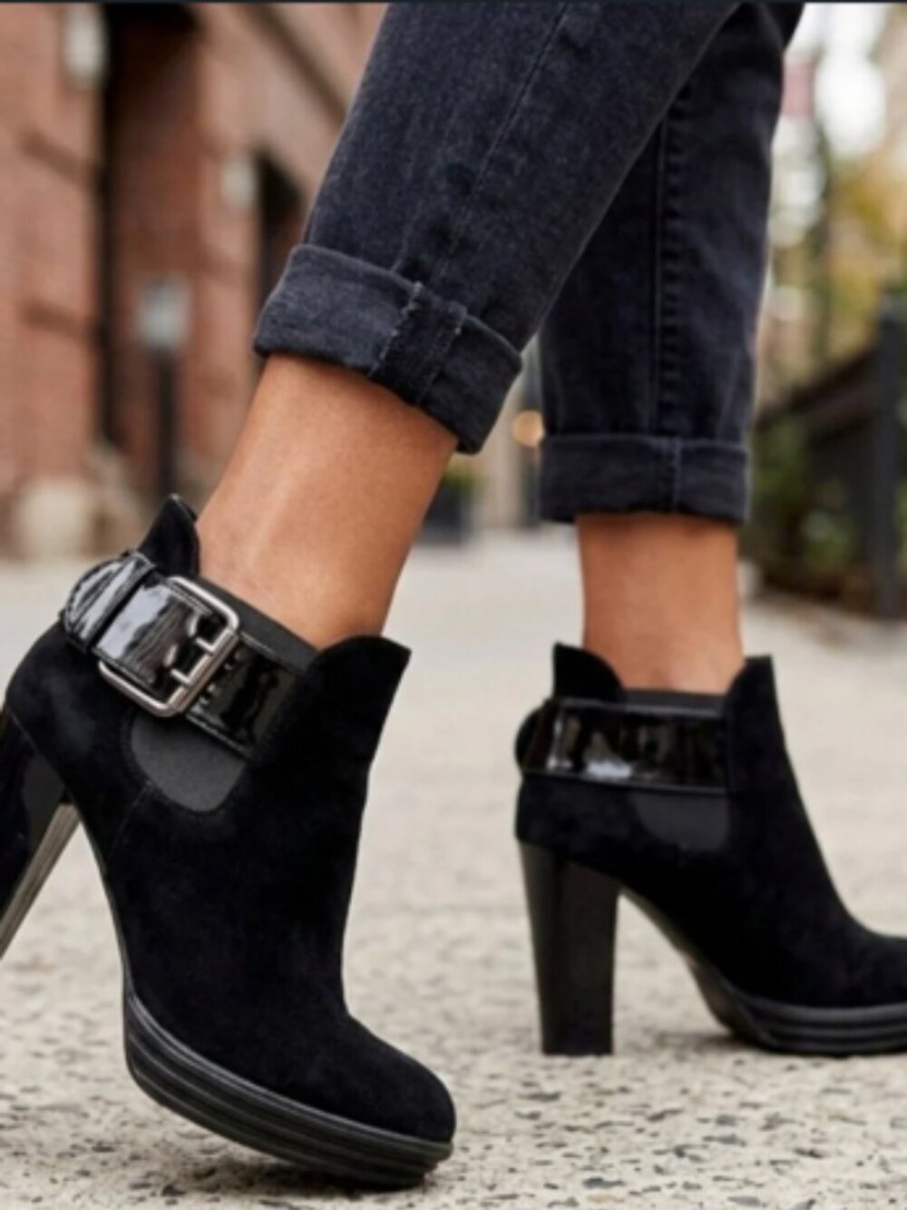 Hogan Black Suede Ankle Boots, Patent Strap, Silver Buckle, Size EU 37/US 6.5-7